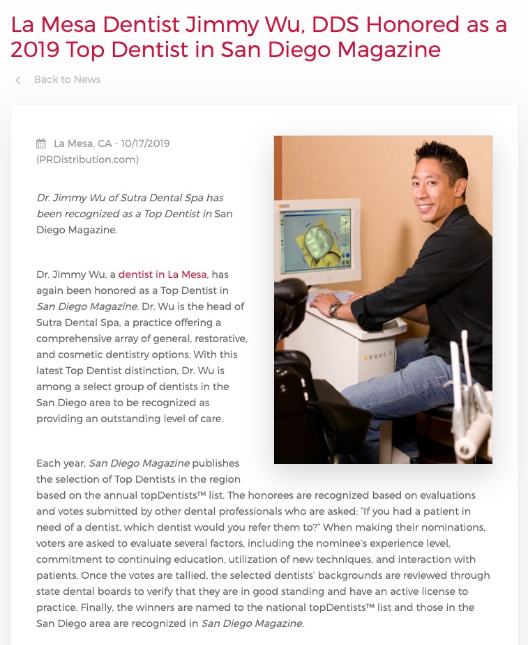 Dr. Jimmy Wu of La Mesa Named a Top Dentist in San Diego Magazine